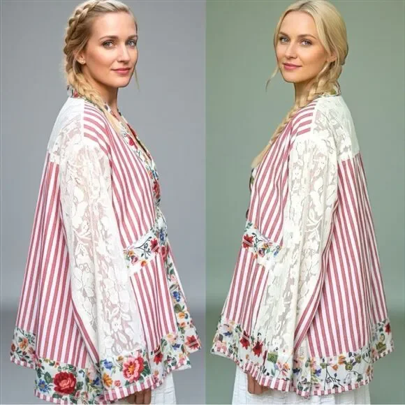 POL Lace Boho Striped Cardigan Layering Kimono Floral Patchwork Detail Med NEW - Picture 6 of 10